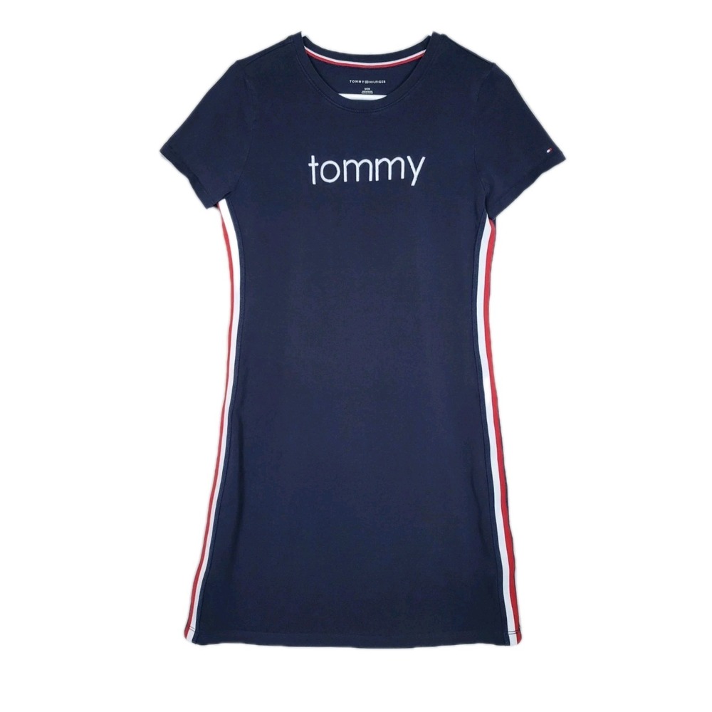 Tommy Hilfiger Spellout T-Shirt Dress Womens Small Navy Blue Side Stripe Preppy